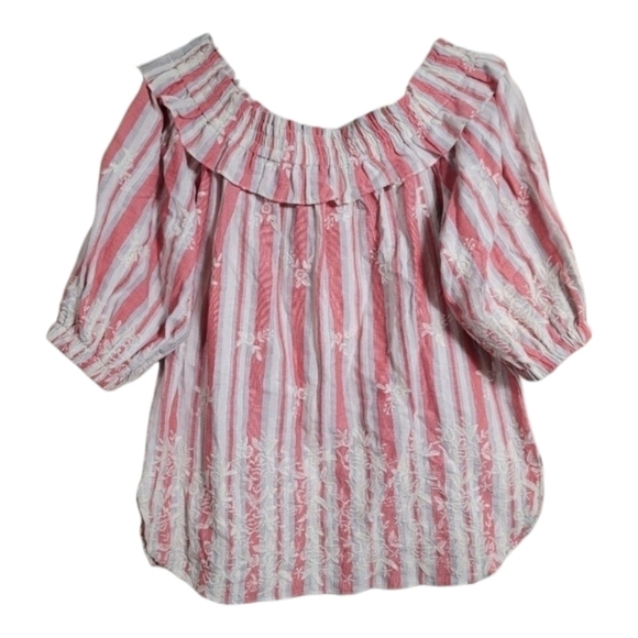 Misa Los Angeles Tops - Misa LA Striped Embroidered Peasant Blouse Top Off the Shoulder Large Red Cream
